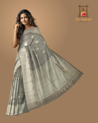 Steel Grey Kancheevaram Silk Saree with Intricately Designed Turning Border