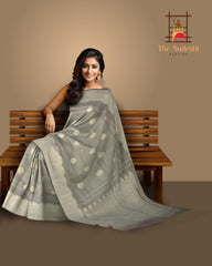 Steel Grey Kancheevaram Silk Saree with Intricately Designed Turning Border