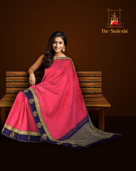 Pink Kancheevaram Silk Saree with Navy Blue Contrast and Peacock Motif