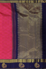 Pink Kancheevaram Silk Saree with Navy Blue Contrast and Peacock Motif