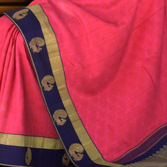 Pink Kancheevaram Silk Saree with Navy Blue Contrast and Peacock Motif