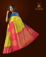 Lime Green Kancheevaram Silk Saree with Ganga Jamuna Border in Blue and Pinkv