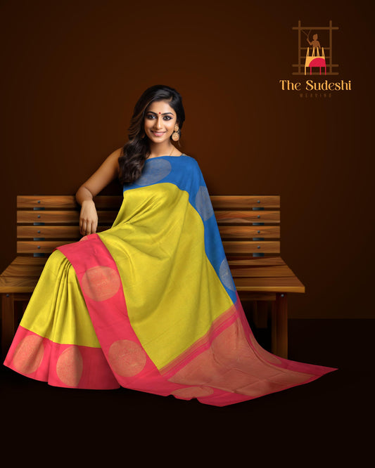 Lime Green Kancheevaram Silk Saree with Ganga Jamuna Border in Blue and Pinkv