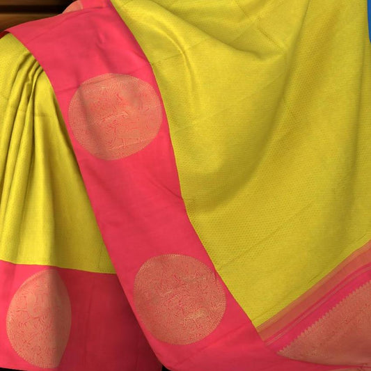 Lime Green Kancheevaram Silk Saree with Ganga Jamuna Border in Blue and Pinkv