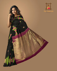 Black Kancheevaram Silk Saree with Contemporary Design and Plum Purple Border