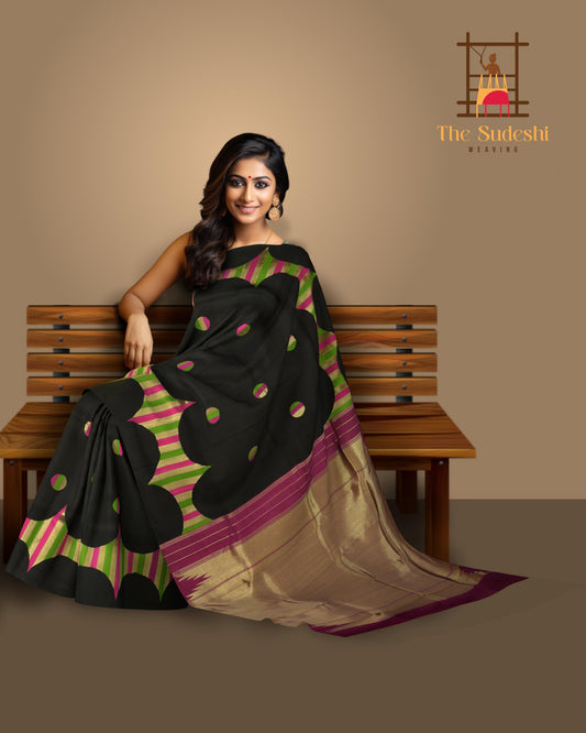 Black Kancheevaram Silk Saree with Contemporary Design and Plum Purple Border
