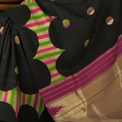 Black Kancheevaram Silk Saree with Contemporary Design and Plum Purple Border