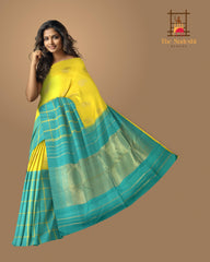 Yellow and Turquoise Blue Half-and-Half Kancheevaram Silk Saree