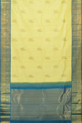 Pale Yellow Kancheevaram Silk Saree with Blue Contrast and Elephant Peacock Bavanshi
