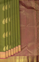 Olive Green Tapestry Pure Kanchipuram Silk Saree with Majenta Highlights