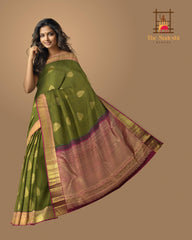 Olive Green Tapestry Pure Kanchipuram Silk Saree with Majenta Highlights