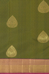 Olive Green Tapestry Pure Kanchipuram Silk Saree with Majenta Highlights