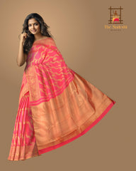 Coral Whisper: Coral Pink Pure Silk Saree with Peacock Border