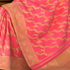 Coral Whisper: Coral Pink Pure Silk Saree with Peacock Border
