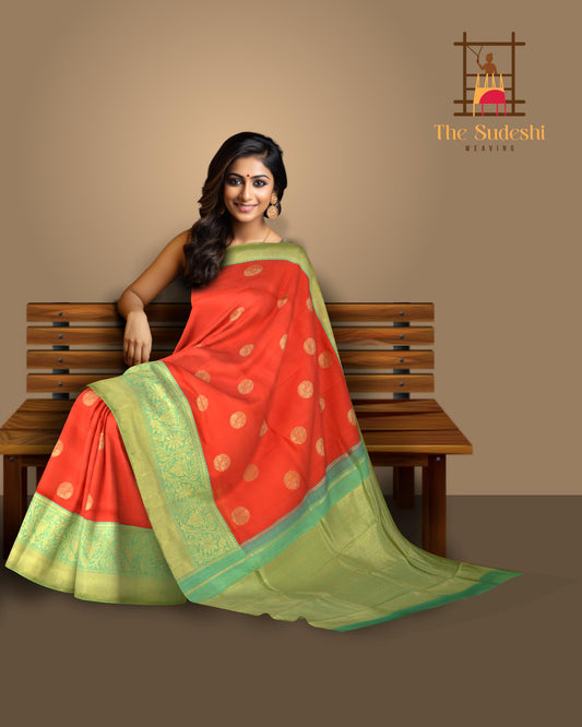 Peach Orange Panache Pure Kanchipuram Silk Saree with Bavanshi Motifs