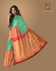 Coral Pink Confluence Pure Kanchipuram Silk Saree with Blue Floral Buttas