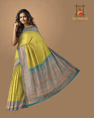 Lime Green Luminance Pure Kanchipuram Silk Saree with Blue Accents