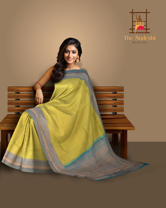 Lime Green Luminance Pure Kanchipuram Silk Saree with Blue Accents