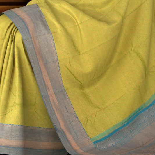 Lime Green Luminance Pure Kanchipuram Silk Saree with Blue Accents