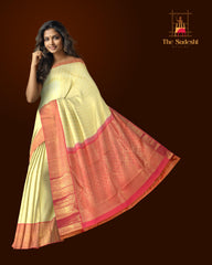 Enigmatic Elegance of Off White with Annapakshi and Rudraksham Motifs Pure Kanchipuram Silk Saree