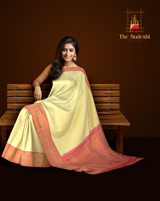 Enigmatic Elegance of Off White with Annapakshi and Rudraksham Motifs Pure Kanchipuram Silk Saree