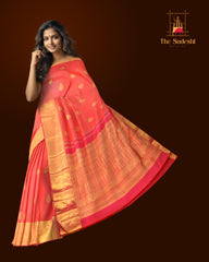 Peach Orange Blossom Pure Kanchipuram Silk Saree with Grand Bavanshi Motifs