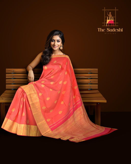 Peach Orange Blossom Pure Kanchipuram Silk Saree with Grand Bavanshi Motifs