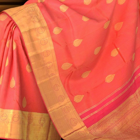 Peach Orange Blossom Pure Kanchipuram Silk Saree with Grand Bavanshi Motifs