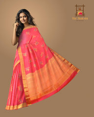 Coral Pink Pure Kanchipuram Silk Saree: A Floral Fantasy