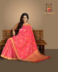 Coral Pink Pure Kanchipuram Silk Saree: A Floral Fantasy