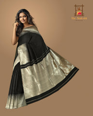 Midnight Majesty: Black Pure Silk Saree with Silver Zari Grand Tissue Pallu