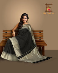 Midnight Majesty: Black Pure Silk Saree with Silver Zari Grand Tissue Pallu