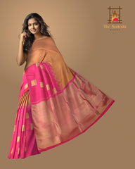 Harmonious Blend of Brown, Light Brown, and Pink Half-and-Half Pure Kanchipuram Silk Saree