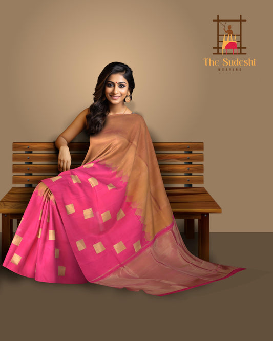 Harmonious Blend of Brown, Light Brown, and Pink Half-and-Half Pure Kanchipuram Silk Saree