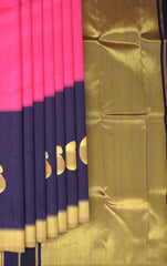 Pink Elegance with Long Blue Border Pure Kanchipuram Silk Saree