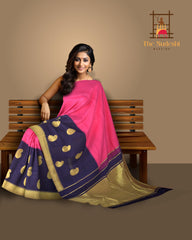 Pink Elegance with Long Blue Border Pure Kanchipuram Silk Saree