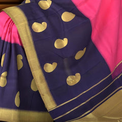 Pink Elegance with Long Blue Border Pure Kanchipuram Silk Saree
