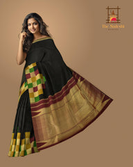Contemporary Chic: Black Pure Silk Saree with Multi-Color Checkered Borders