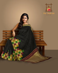 Contemporary Chic: Black Pure Silk Saree with Multi-Color Checkered Borders