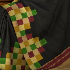 Contemporary Chic: Black Pure Silk Saree with Multi-Color Checkered Borders