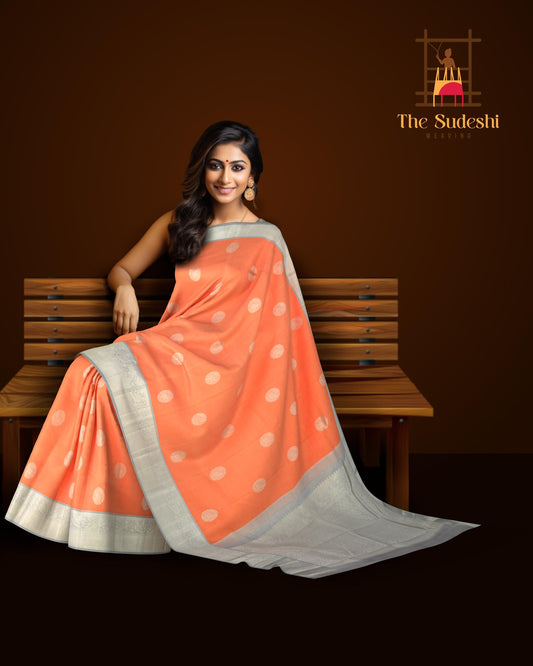 Orange Radiance with Silver Zari Buttas Pure Kanchipuram Silk Saree