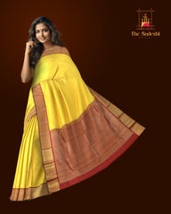 The Golden Hour Glow in Yellow Kancheevaram Silk Saree with Maroon Contrast