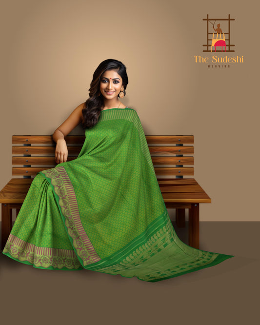Verdant Mystique: Green Pure Silk Saree with Pink Lotus Borders