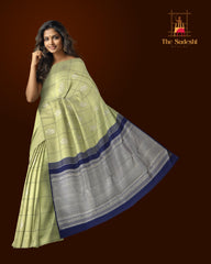 Sublime Harmony: Elaichi Green Pure Silk Saree with Navy Blue Elephant Motifs