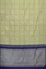 Sublime Harmony: Elaichi Green Pure Silk Saree with Navy Blue Elephant Motifs