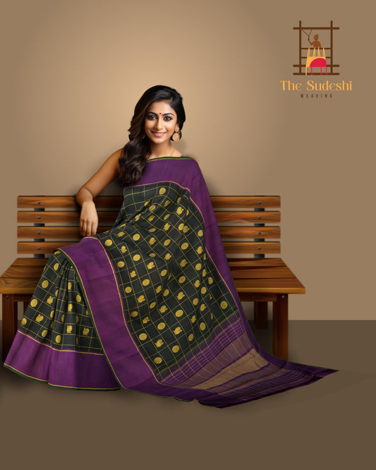 The Enigmatic Elegance of Black Kancheevaram Silk Saree with Traditional Checkered Weave