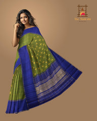 The Verdant Charm of Olive Green Kancheevaram Silk Saree with Mango and Iruthala Pakshi Motifs