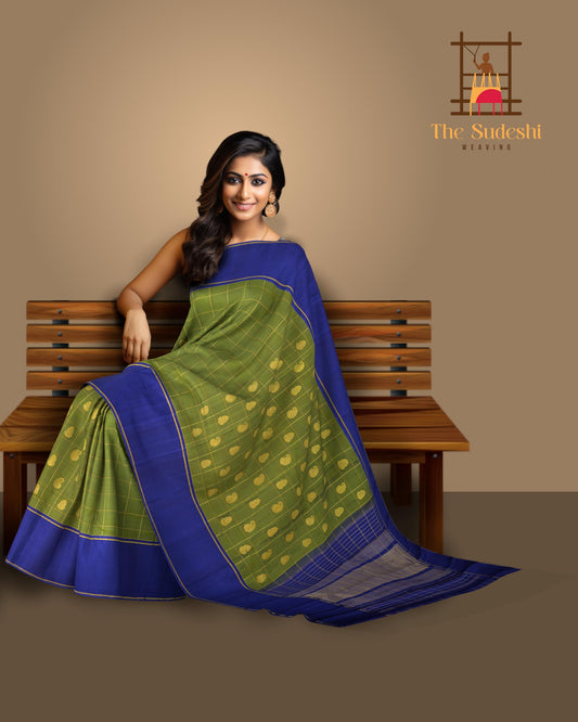 The Verdant Charm of Olive Green Kancheevaram Silk Saree with Mango and Iruthala Pakshi Motifs