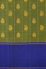 The Verdant Charm of Olive Green Kancheevaram Silk Saree with Mango and Iruthala Pakshi Motifs