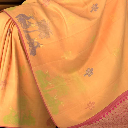 Dawn's First Light: Light Orange Saree with Pink Floral Woven Borders Pure Silk